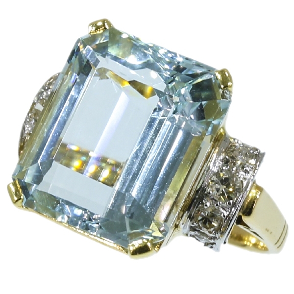 Gold estate diamond and aquamarine ring from the fifties